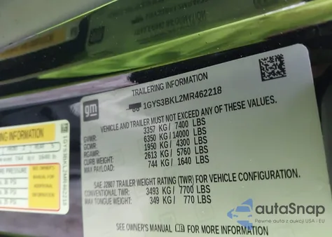 2021 Cadillac Escalade 2Wd Premium Luxury z USA, uszkodzony, nr VIN 1GYS3BKL2MR462218